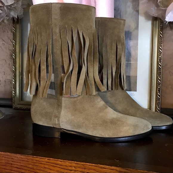 BURBERRY "NORLAND" TAN SUEDE FRINGE BOOT WITH NOVA CHECK TWILL PATTERN (36) - Picture 2 of 15